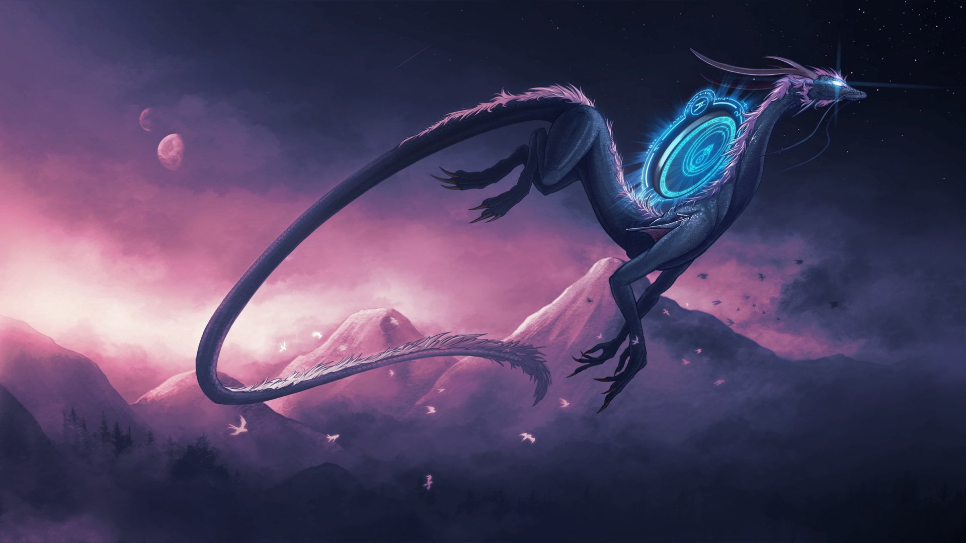 Fantasy dragon with glowing blue markings soars over a misty mountainous landscape, captured in an HD PC desktop wallpaper and background.