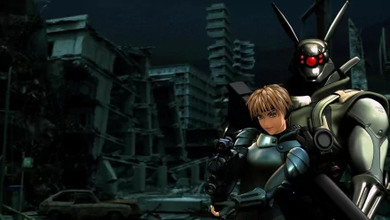 HD PC desktop wallpaper featuring characters from the anime Appleseed, set against a dark, dystopian cityscape background.