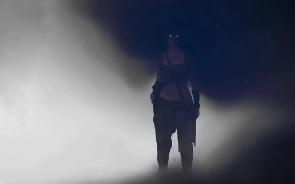 HD manga-style desktop wallpaper featuring a dark, ominous woman with glowing eyes emerging from shadows, evoking an evil and mysterious atmosphere.