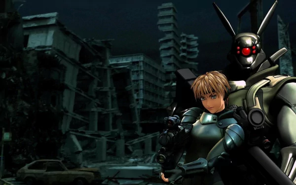 HD PC desktop wallpaper featuring characters from the anime Appleseed, set against a dark, dystopian cityscape background.