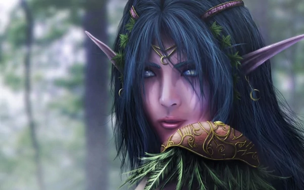 A captivating HD wallpaper featuring Tyrande Whisperwind, a night elf from World of Warcraft, set against a mystical forest backdrop.