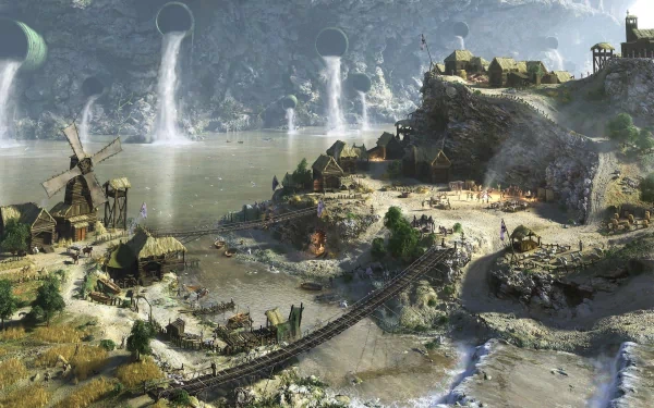 HD PC desktop wallpaper depicting a sprawling civilization in a video game, featuring medieval buildings, bridges, and dramatic waterfalls against a rocky landscape.