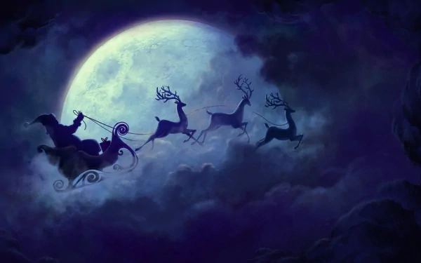 Santa's sleigh, pulled by reindeer, soars across a night sky illuminated by a blue moon. The image exudes a holiday and Christmas spirit, making it a festive HD wallpaper and background.