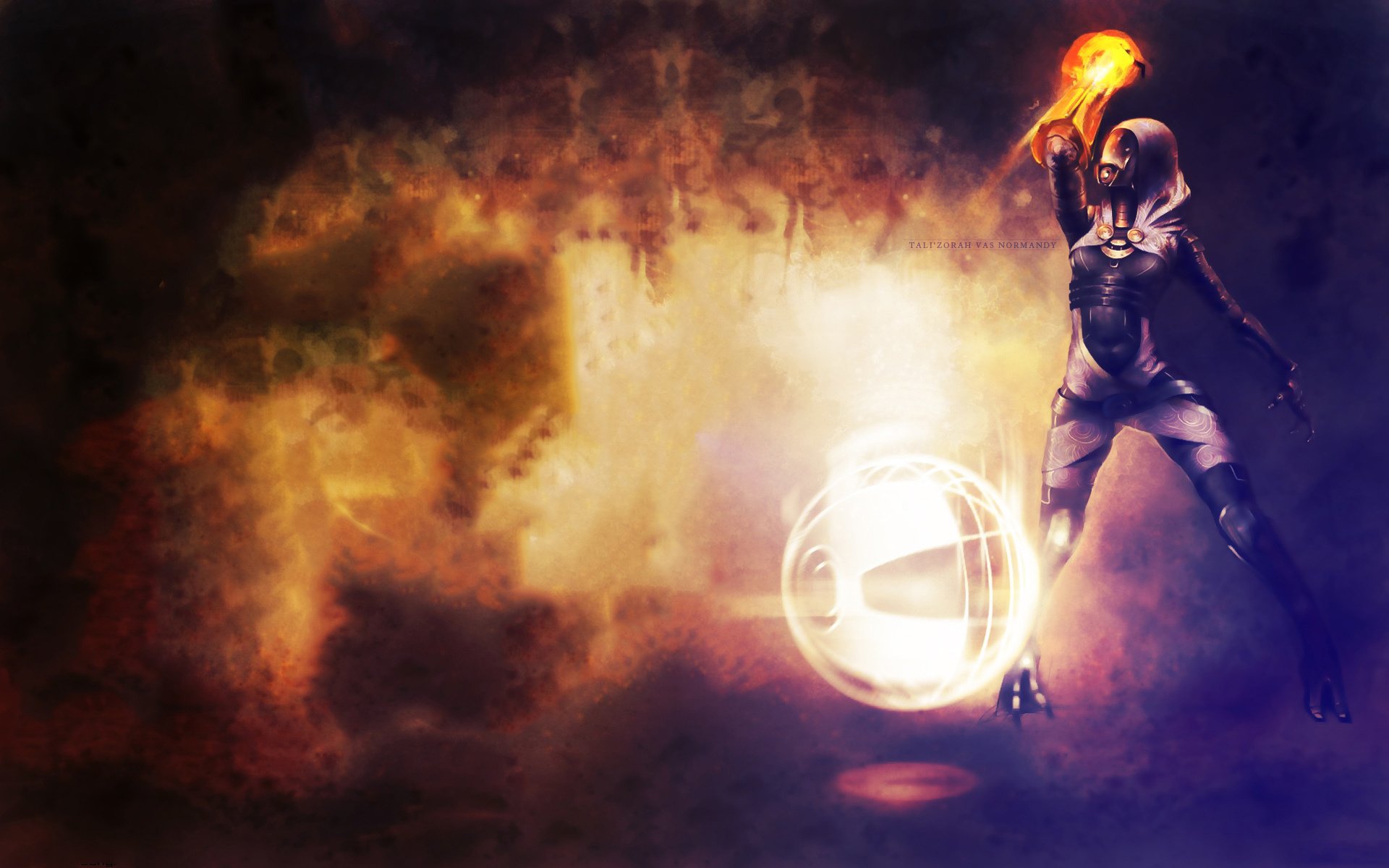 A vibrant HD wallpaper featuring Tali'Zorah from the video game Mass Effect, showcasing her poised with an energy ball, surrounded by dramatic, swirling colors.
