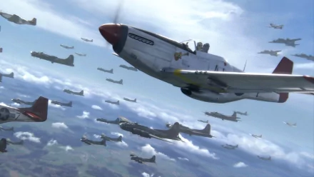 HD PC desktop wallpaper from the movie Red Tails depicting a formation of fighter planes flying under a cloudy sky.