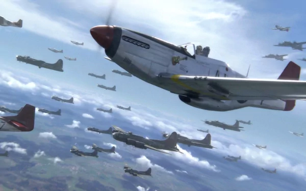 HD PC desktop wallpaper from the movie Red Tails depicting a formation of fighter planes flying under a cloudy sky.