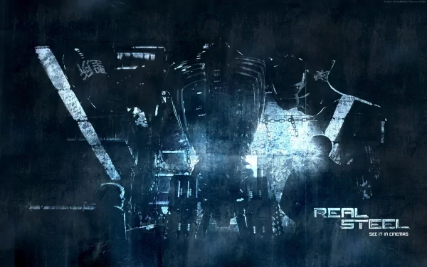 HD PC desktop wallpaper featuring a dark, futuristic scene from the movie Real Steel with robotic figures illuminated against a textured background.