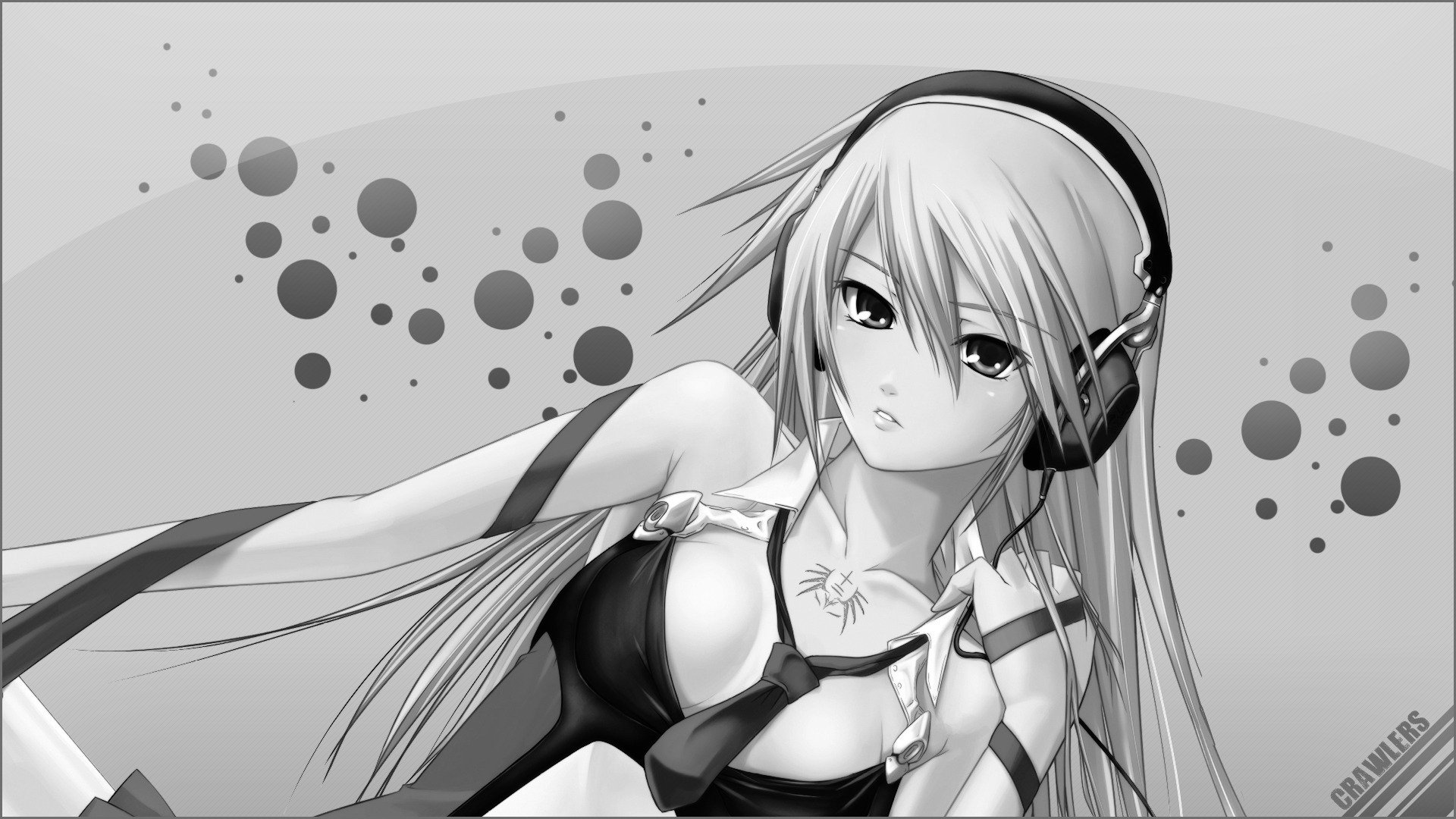 HD anime desktop wallpaper featuring a Blazblue character with long hair and headphones in a dynamic grayscale design.