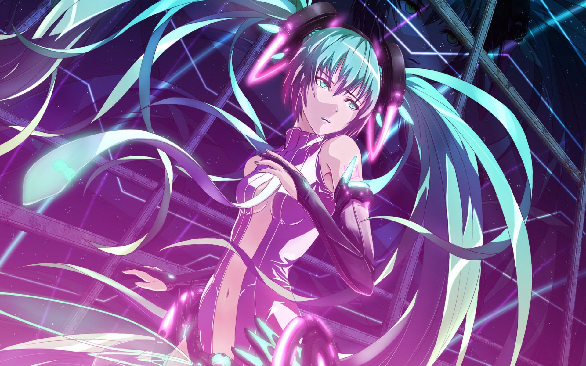 Hatsune Miku anime artwork featuring vibrant colors and dynamic neon lights, designed as an HD desktop wallpaper and background, tagged as Vocaloid.