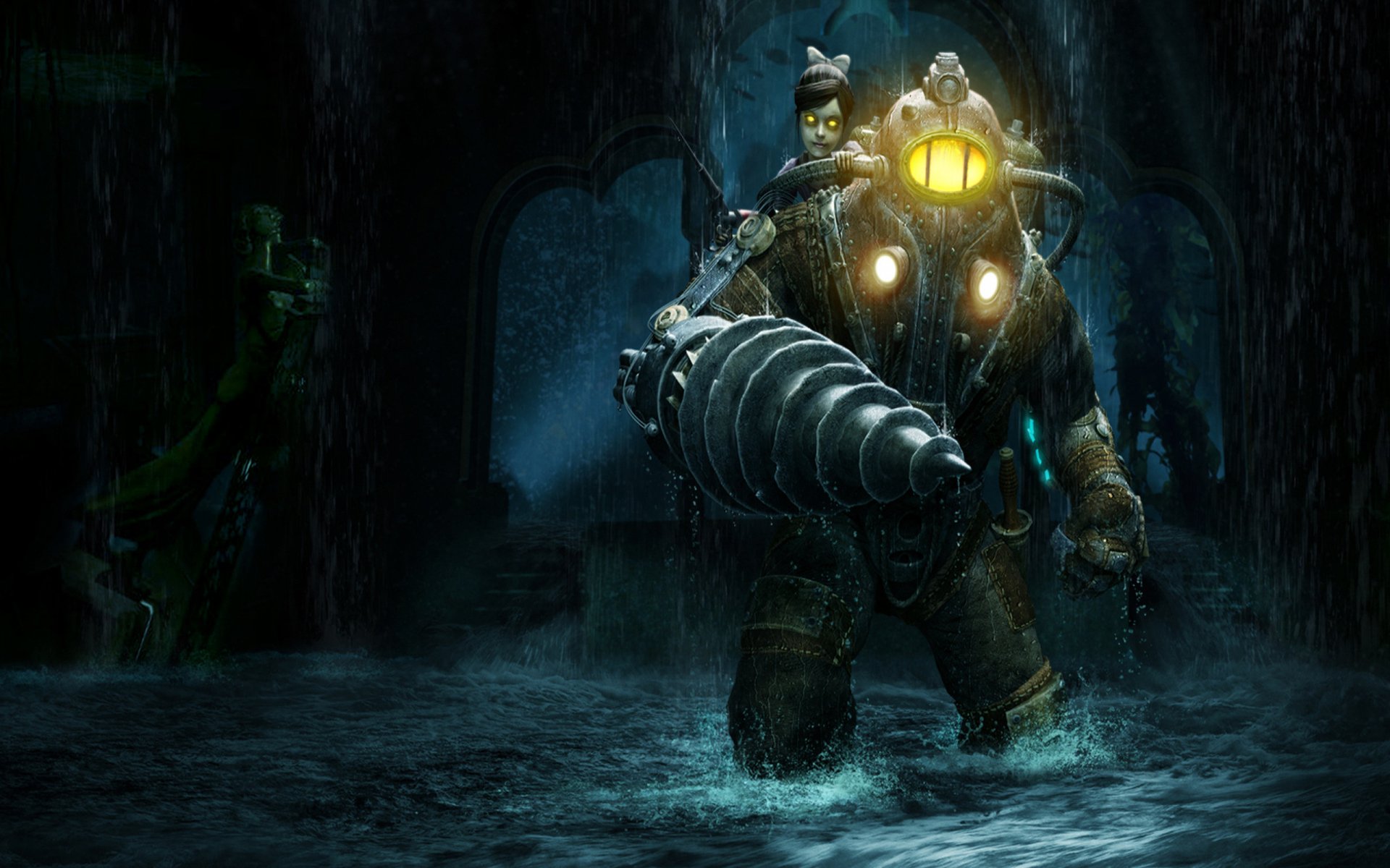 A dramatic HD wallpaper from Bioshock 2, featuring a Big Daddy in a dark, underwater environment, gripping a drill and exuding an eerie, powerful presence.