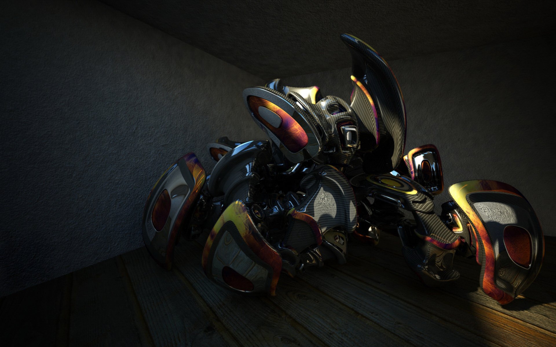 CGI 3D artistic digital art, 2K Quad HD PC desktop wallpaper/background: glossy biomechanical sculpture of curved segmented shells lit by dramatic low-key light.