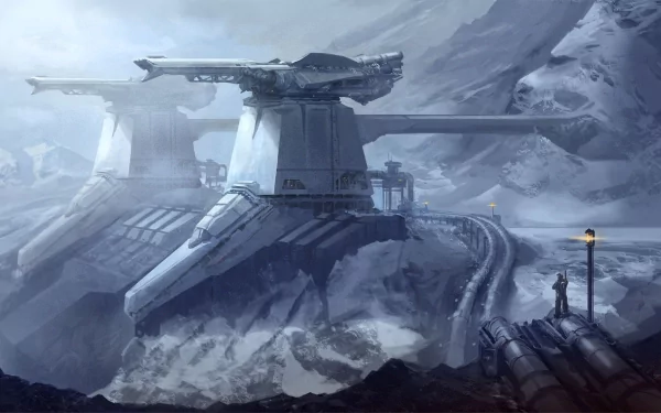 A stunning HD fantasy landscape featuring a futuristic outpost amidst a snowy terrain, showcasing advanced architecture against a dramatic mountainous backdrop.