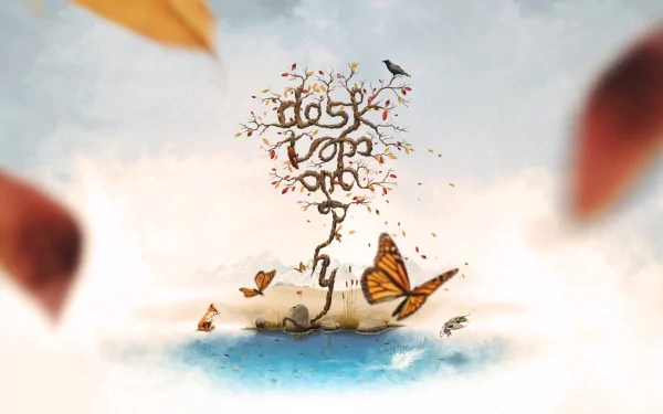 Artistic Desktopography HD PC desktop wallpaper and background: a small tree rising from an earth orb floating above water, butterflies fluttering around it against a soft sky.