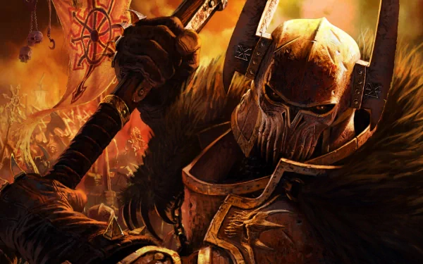 HD desktop wallpaper featuring a fierce fantasy warrior in detailed armor, gripping a weapon amidst a fiery, battle-torn landscape.