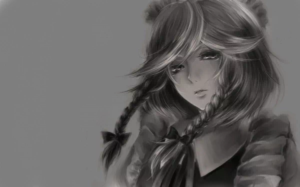 Monochrome HD wallpaper featuring Sakuya Izayoi from the anime Touhou, capturing her expressive features in a striking black and white style.