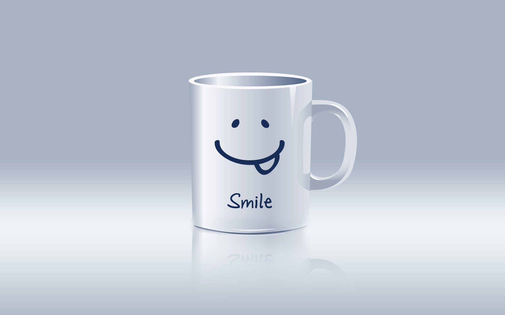 Artistic HD PC desktop wallpaper and background: white mug with a playful smiling face and the word Smile resting on a reflective surface against a soft gray gradient.