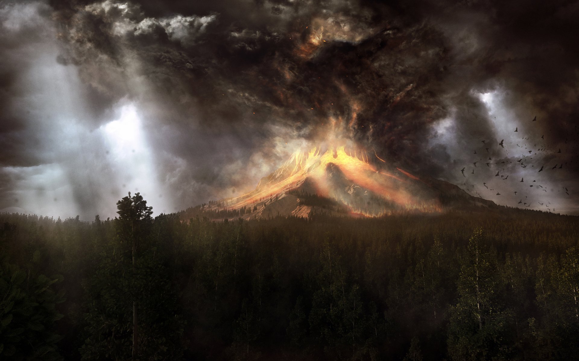 HD artistic desktop wallpaper capturing the dramatic eruption of a volcano amid a dark, stormy sky over a dense forest.