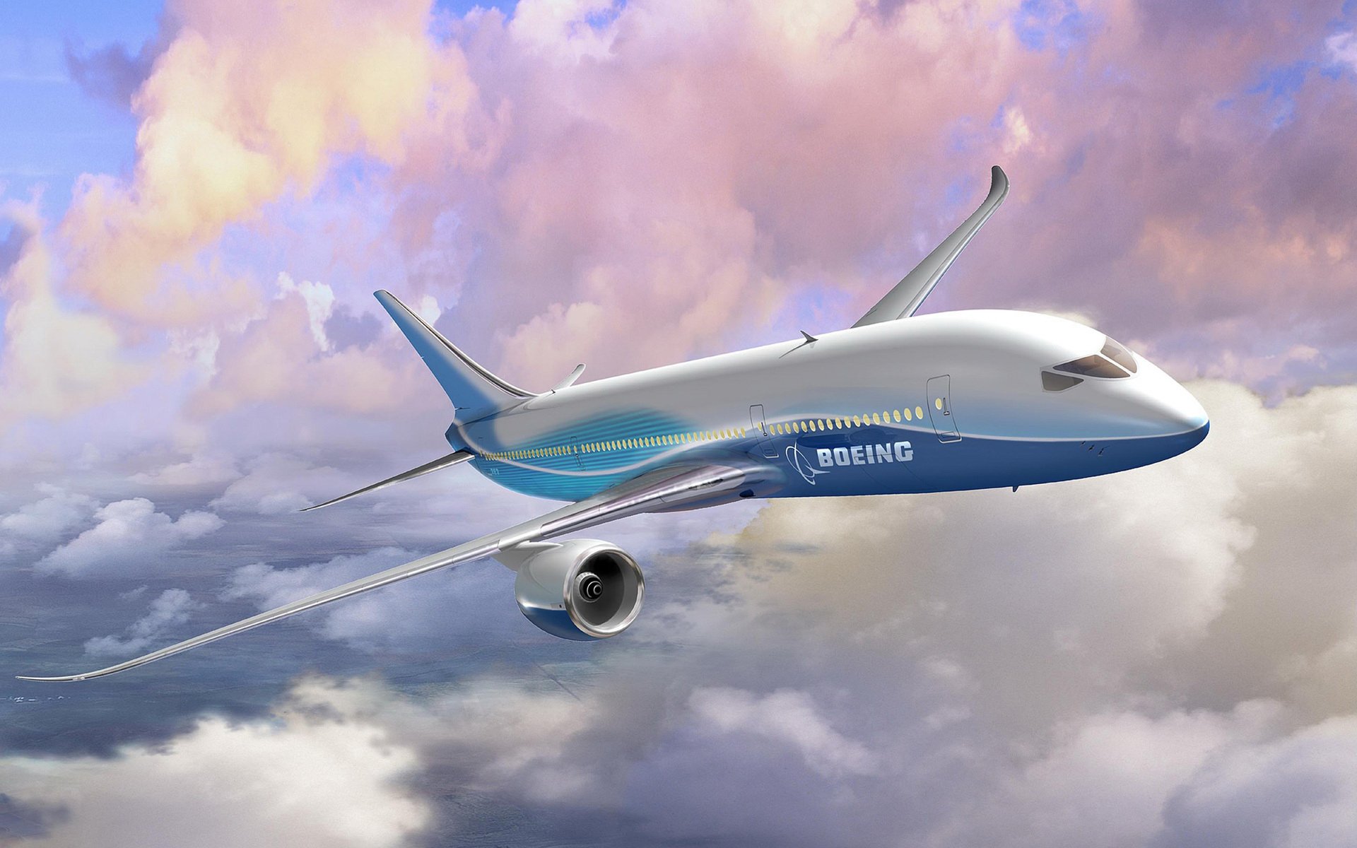 HD PC desktop wallpaper featuring a sleek Boeing aircraft flying above clouds with a colorful sky background.