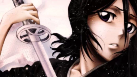 HD desktop wallpaper featuring Rukia Kuchiki from the anime Bleach, depicted with intense focus while holding a sword against a soft pink and white background.