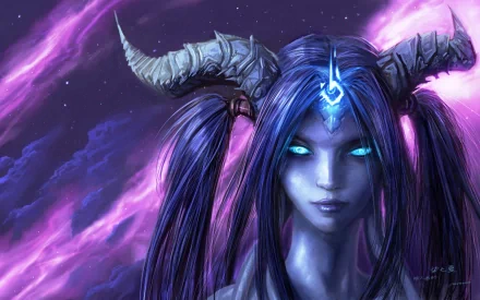 Fantasy-themed HD PC desktop wallpaper featuring a mystical woman with glowing blue eyes, long purple hair, and curved horns against a cosmic purple sky background.