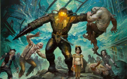 A dynamic HD wallpaper from Bioshock 2, featuring a Big Daddy protecting a Little Sister amidst a chaotic underwater scene with submerged figures and vintage architecture.