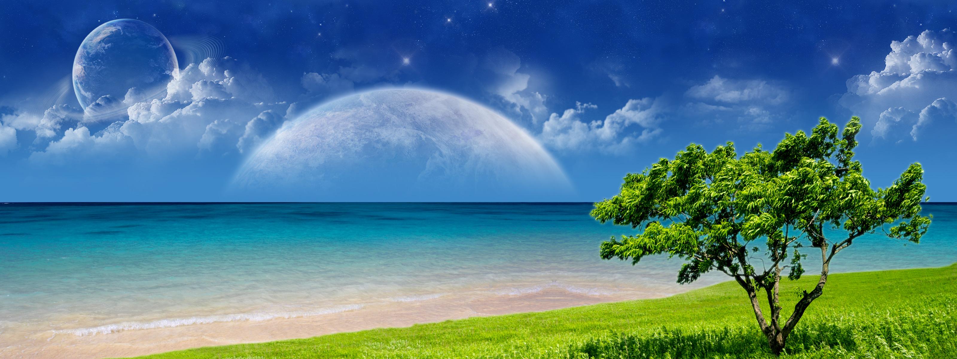 Scenic landscape featuring a planet, ocean, and tree