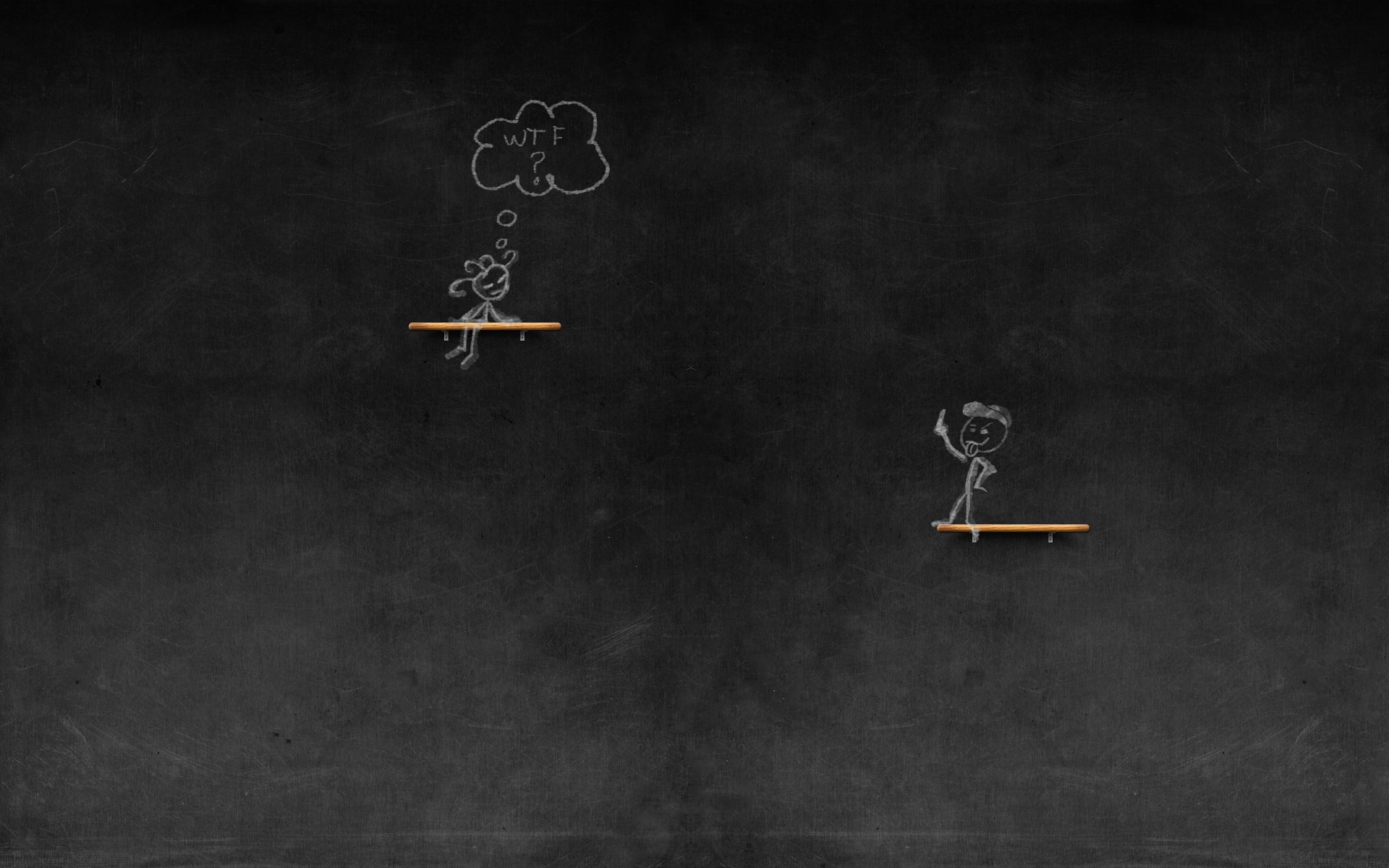 Funny chalk-drawn stick figures on a dark chalkboard background, designed as a HD PC desktop wallpaper with playful and minimal elements.