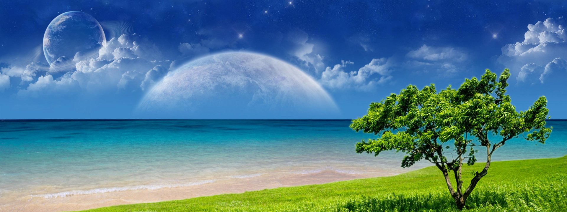 A serene landscape featuring a vibrant ocean beneath a large planet rising in a blue sky, accompanied by a tree on the shore, creating a captivating sci-fi scene.