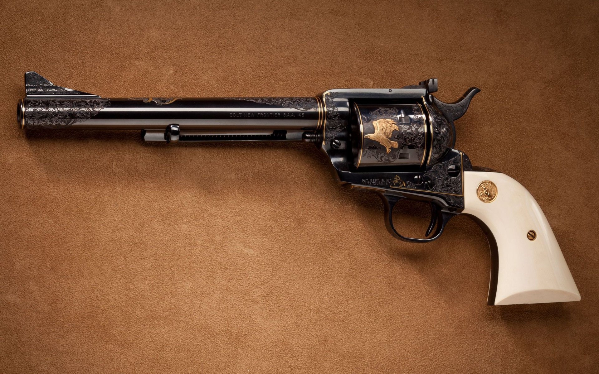 A high-definition image of a Colt New Frontier revolver with a polished barrel and distinctive white grip, set against a textured brown background.