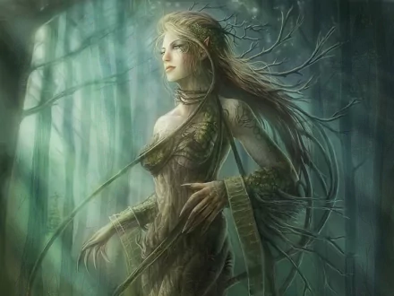 A mystical sylvan figure in a lush, green forest, adorned with natural elements. This HD wallpaper captures the enchanting essence of fantasy in its serene atmosphere.