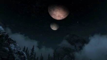 HD PC desktop wallpaper featuring a night sky with two moons over mountainous terrain from the video game The Elder Scrolls V: Skyrim.