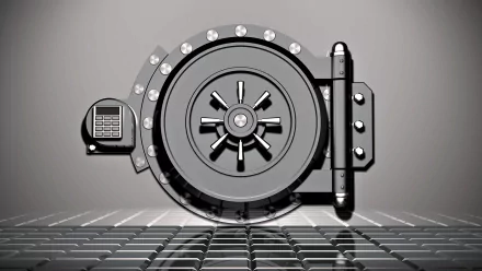 HD PC desktop wallpaper of a man-made architectural bank vault door on a reflective tiled floor, monochrome industrial background.