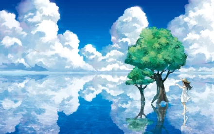 A serene anime scene featuring a girl touching a tree beside a reflective water body, with a vast sky and fluffy clouds. This HD desktop wallpaper exudes calmness and natural beauty.