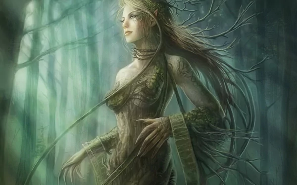 A mystical sylvan figure in a lush, green forest, adorned with natural elements. This HD wallpaper captures the enchanting essence of fantasy in its serene atmosphere.