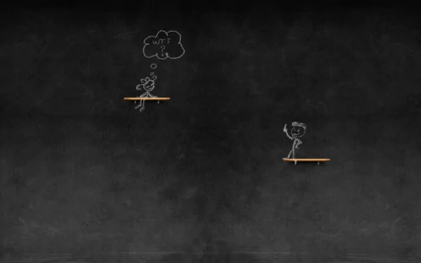 Funny chalk-drawn stick figures on a dark chalkboard background, designed as a HD PC desktop wallpaper with playful and minimal elements.
