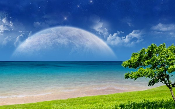 Sci Fi Planet Rise Landscape Planet Ocean Tree HD Wallpaper | Background Image