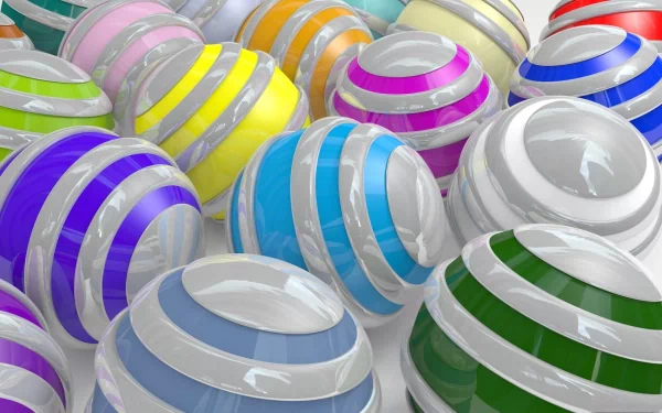 A vibrant 3D CGI composition featuring glossy, striped spheres in pastel shades of pink, grey, cyan, magenta, green, yellow, and blue, creating an artistic desktop wallpaper.