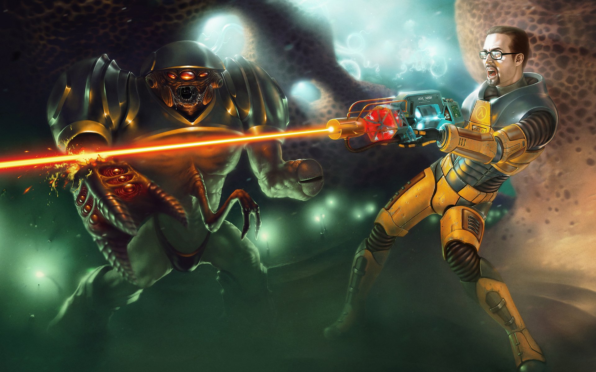 Gordon Freeman in an orange HEV suit fires a glowing energy beam at a towering alien amid a dark sci‑fi environment — HD PC desktop wallpaper/background for Half‑Life.