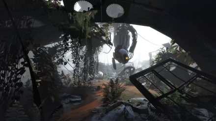 A captivating HD desktop wallpaper from the video game Portal 2, showcasing a desolate environment with lush vegetation and a robotic character hanging in a mysterious, overgrown setting.