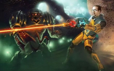 Gordon Freeman in an orange HEV suit fires a glowing energy beam at a towering alien amid a dark sci‑fi environment — HD PC desktop wallpaper/background for Half‑Life.