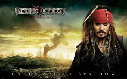 HD wallpaper featuring Captain Jack Sparrow, portrayed by Johnny Depp, from the movie Pirates of the Caribbean: On Stranger Tides, set against a dramatic coastal background.