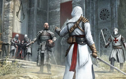 HD PC desktop wallpaper from the video game Assassin's Creed: Revelations featuring the protagonist facing armored opponents in a historic stone courtyard.