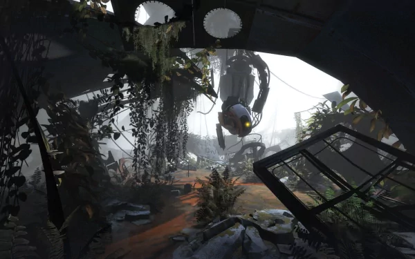 A captivating HD desktop wallpaper from the video game Portal 2, showcasing a desolate environment with lush vegetation and a robotic character hanging in a mysterious, overgrown setting.