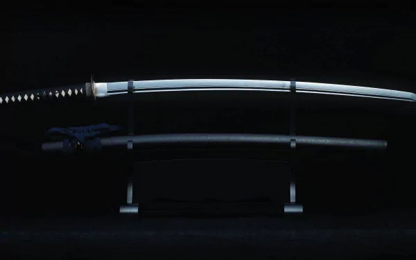 A sleek, man-made sword is displayed prominently against a dark background, showcasing its elegant design. This HD image serves as an eye-catching desktop wallpaper.