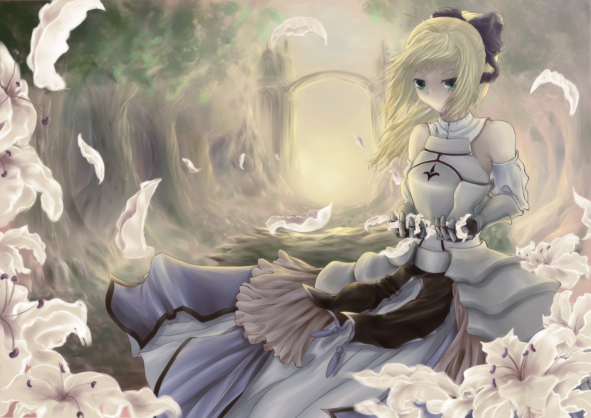 HD desktop wallpaper featuring Saber Lily from the anime Fate/Stay Night, surrounded by white lilies and soft lighting in a serene, dreamlike setting.