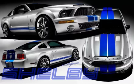 HD desktop wallpaper and background featuring the Ford Mustang Shelby GT500. The vehicle is showcased in multiple angles with a silver and blue color scheme, emphasizing its sleek design and performance.