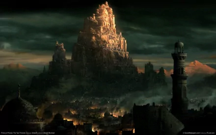 A stunning HD wallpaper from Prince of Persia: The Two Thrones, showcasing a forgotten city nestled against a towering mountain under a dramatic sky.