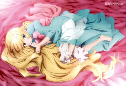 Anime-style Gosick character with long blonde hair lying on pink fabric, rendered in detailed 4K Ultra HD for PC desktop wallpaper and background.