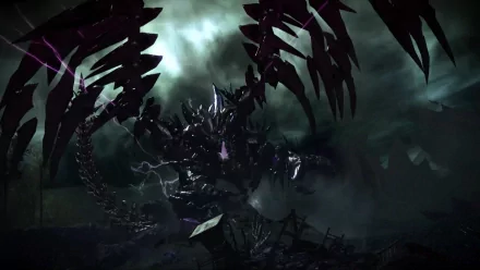 Dark, menacing dragon from Guild Wars 2 emerges amid stormy skies in this HD PC desktop wallpaper and background.