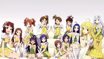HD desktop wallpaper of The iDOLM@STER idols posing together: Haruka Amami, Chihaya Kisaragi, Miki Hoshii, Yukiho Hagiwara, Hibiki Ganaha, Makoto Kikuchi, Iori Minase, Azusa Miura, Yayoi, Takane, Ritsuko, Ami & Mami.